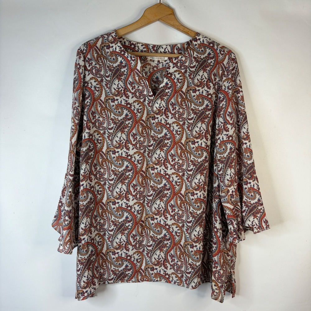 Violet + Claire Blouse Womens 2X White Paisley Bell Sleeve Split Neck Top